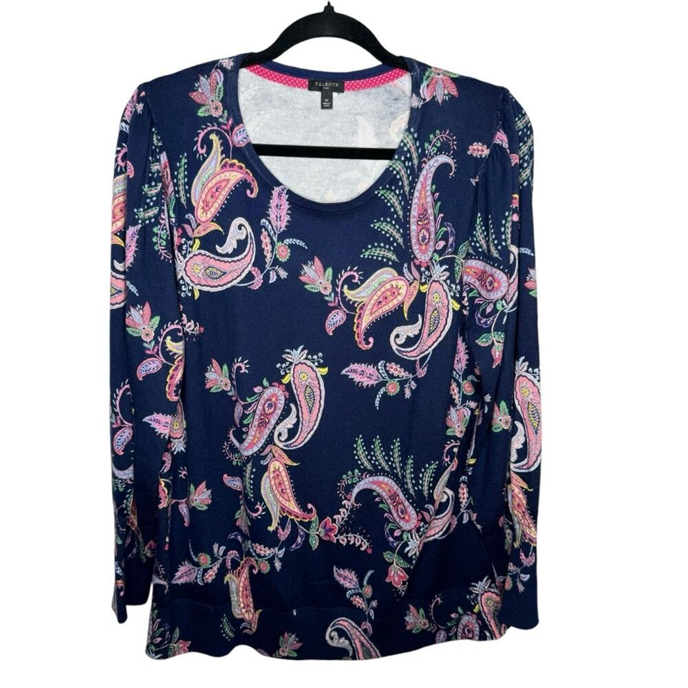 TALBOTS / navy blue pink floral paisley lightweight cotton sweater / 1X